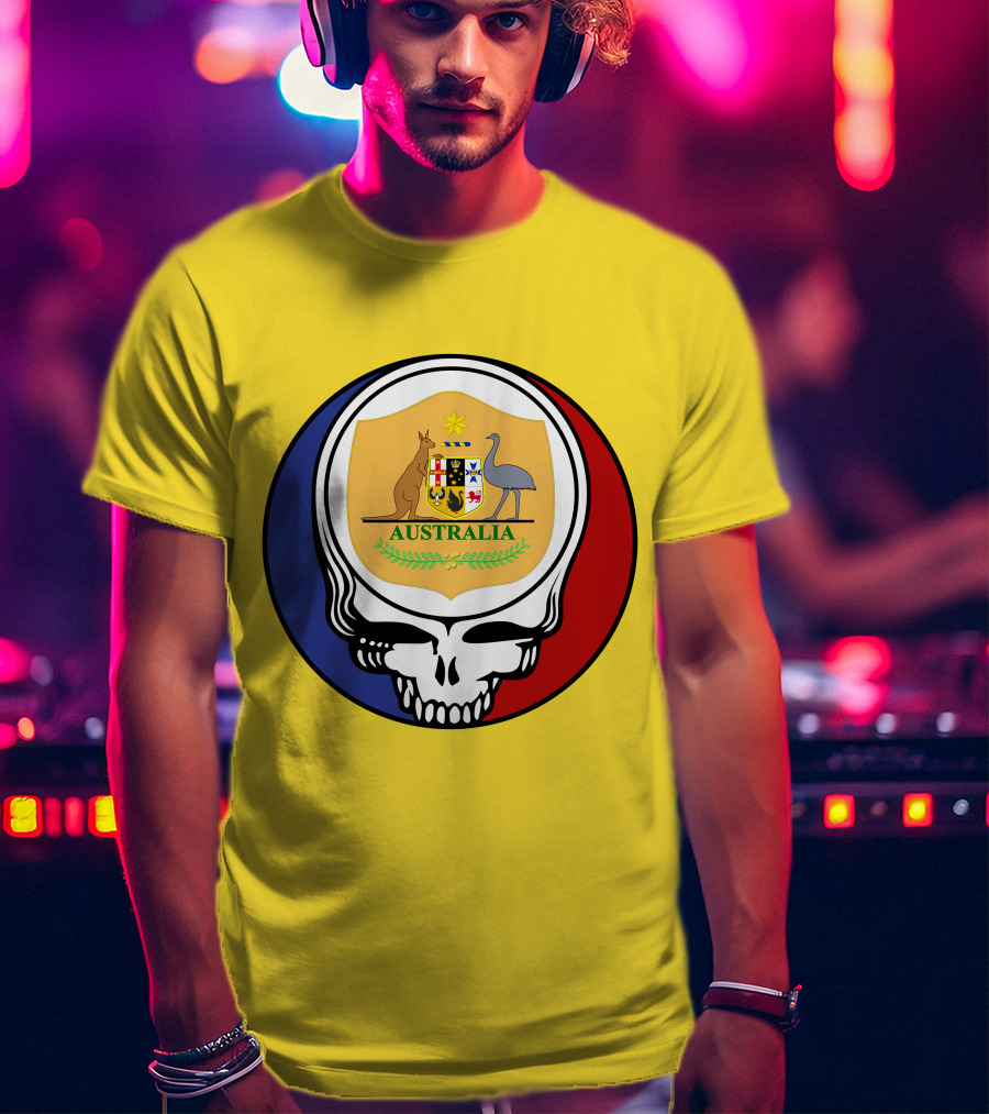 Australia National Football Team Grateful Dead Skull Emblem With Kangaroo And Emu Crest T-Shirt