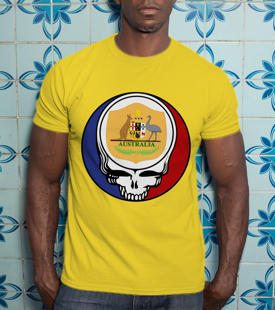 Australia National Football Team Grateful Dead Skull Emblem With Kangaroo And Emu Crest T-Shirt