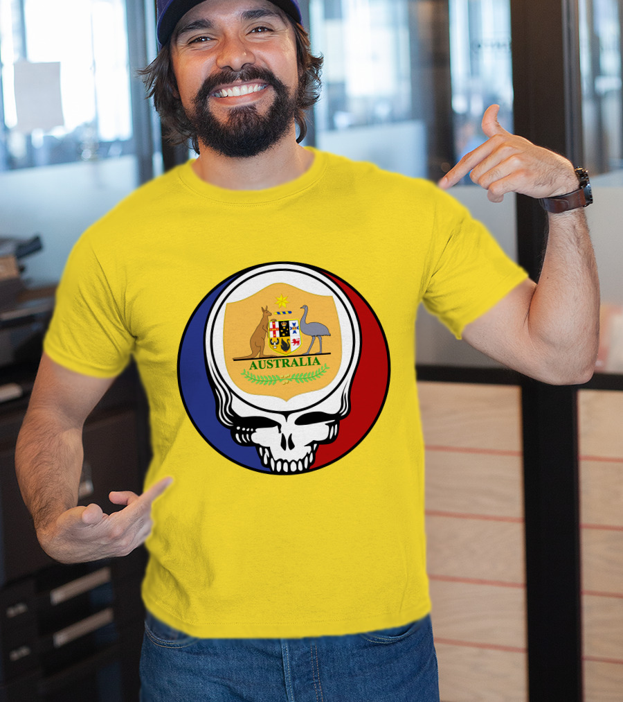 Australia National Football Team Grateful Dead Skull Emblem With Kangaroo And Emu Crest T-Shirt