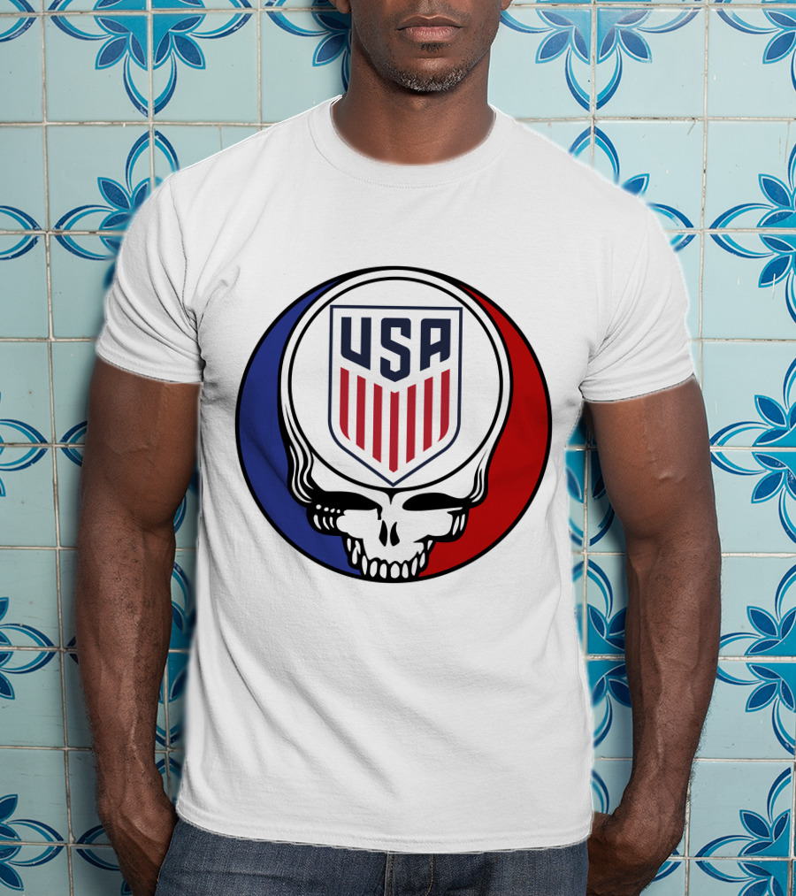 USA Soccer Grateful Dead Skull Logo Red Blue Badge T-Shirt