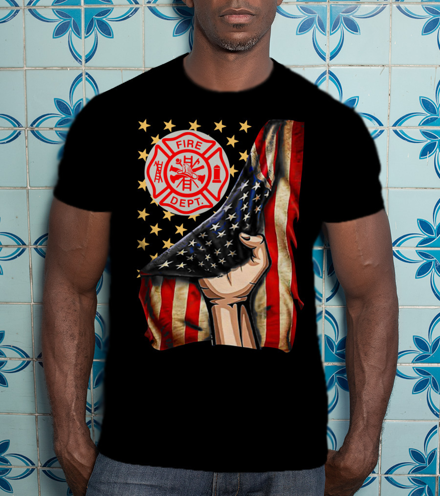 Fire Dept American Firefighter Flag Stars T-Shirt