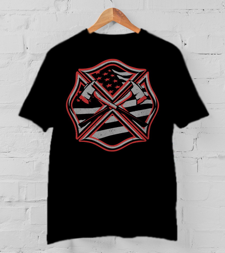 Red Thin Line Firefighter American Flag Maltese Cross T-Shirt
