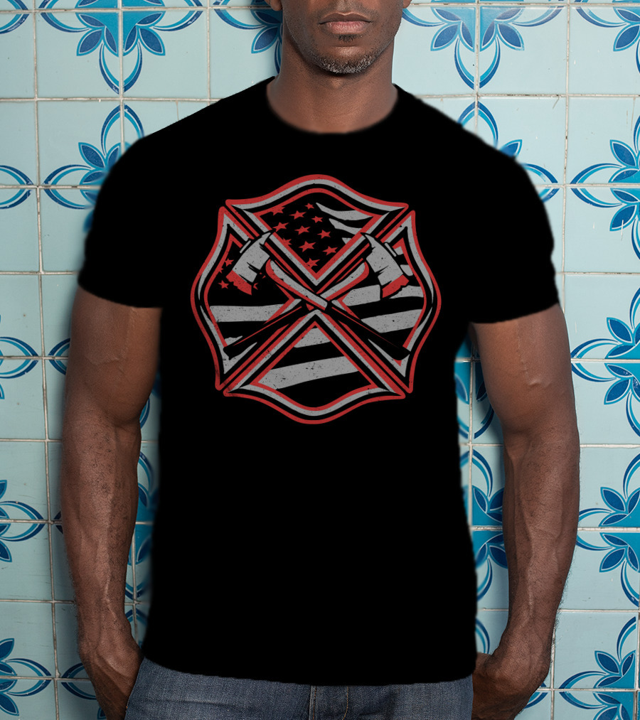 Red Thin Line Firefighter American Flag Maltese Cross T-Shirt