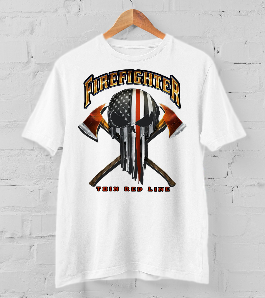 Firefighter Thin Red Line Punisher Skull American Flag Crossed Axes T-Shirt