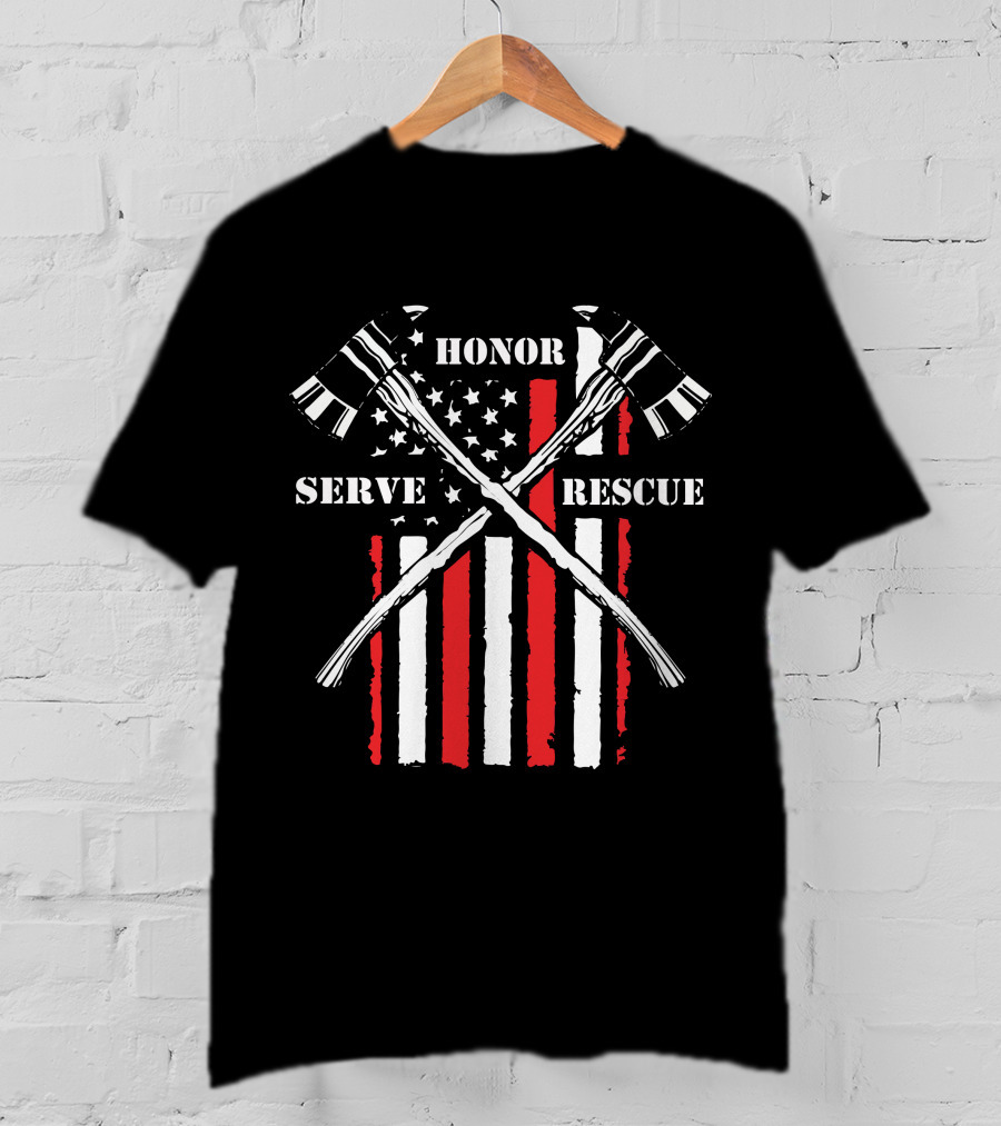 HONOR SERVE RESCUE FIREFIGHTER AXES AND RED STRIPES BACKGROUND T-Shirt