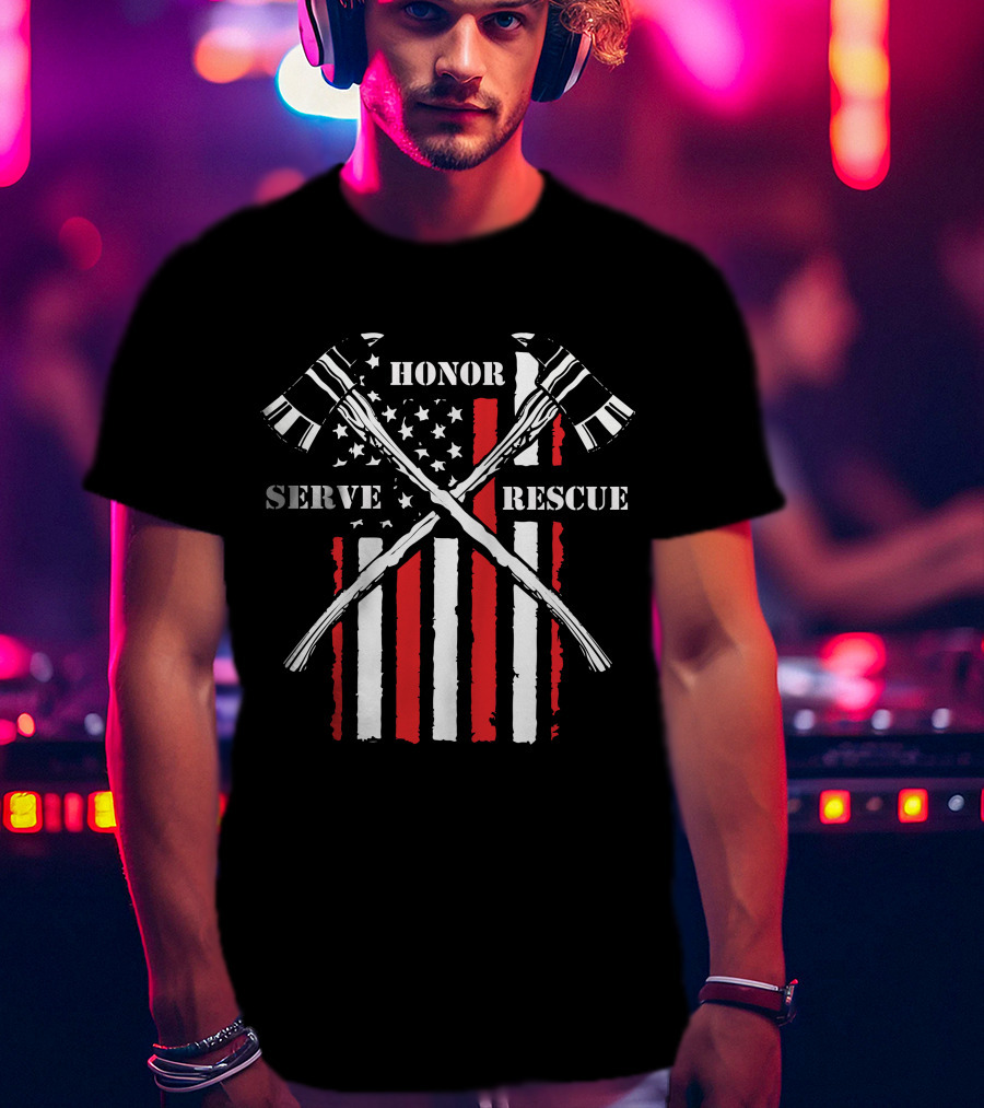 HONOR SERVE RESCUE FIREFIGHTER AXES AND RED STRIPES BACKGROUND T-Shirt