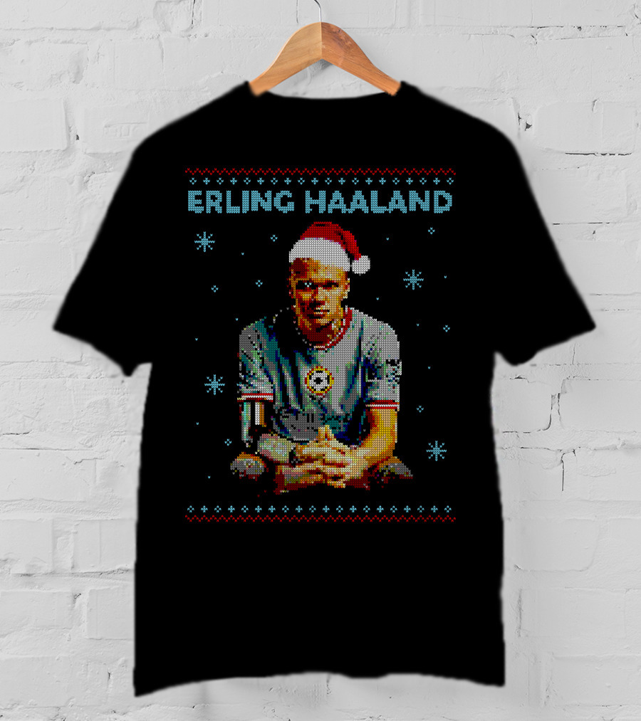 ERLING HAALAND Christmas Pixel Art With Santa Hat T-Shirt