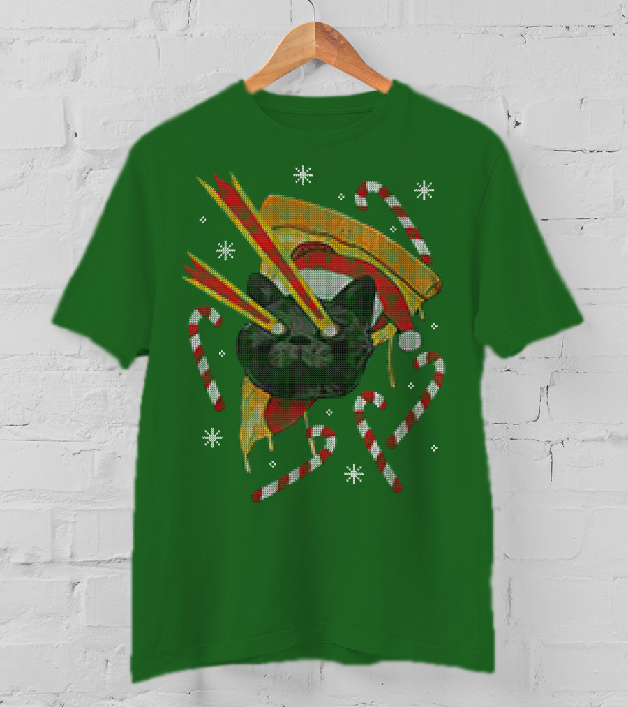 Drax Christmas Jumpers Cat Laser Eyes Christmas Pizza Candy Canes T-Shirt