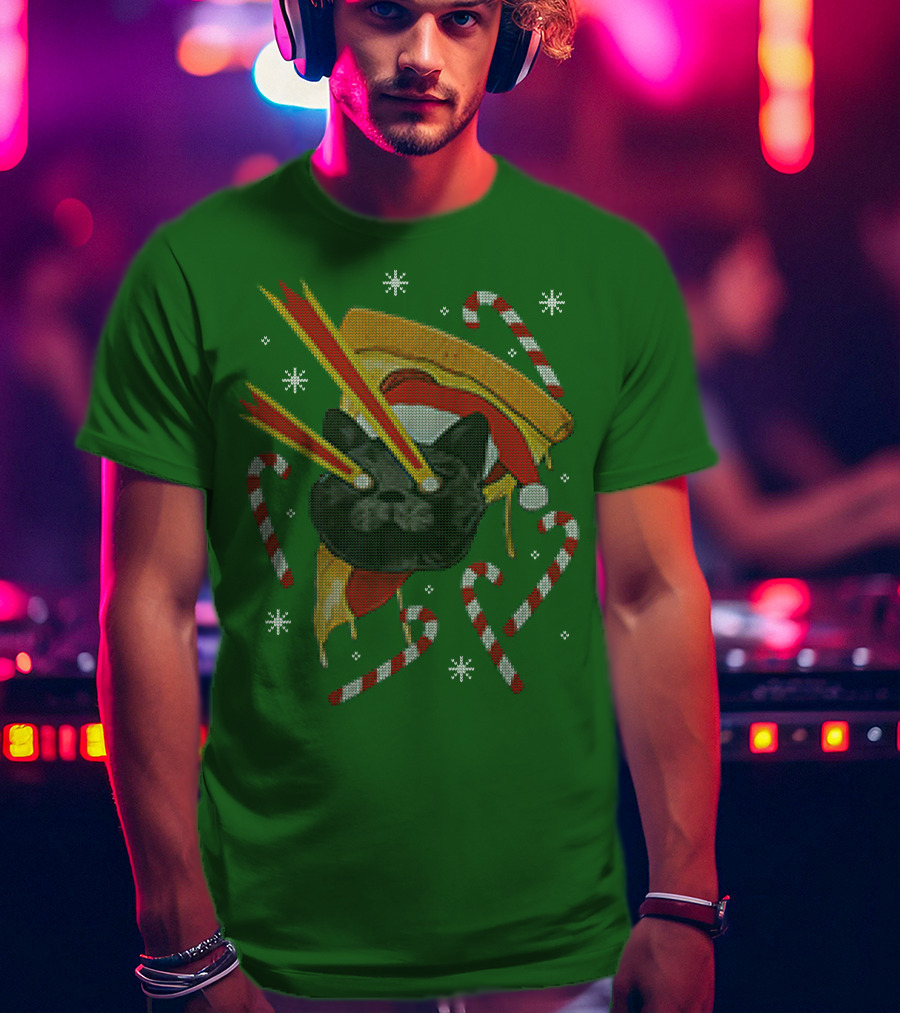 Drax Christmas Jumpers Cat Laser Eyes Christmas Pizza Candy Canes T-Shirt