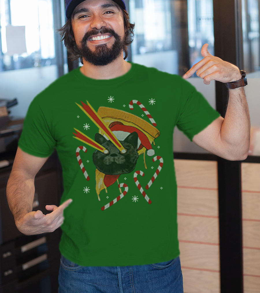 Drax Christmas Jumpers Cat Laser Eyes Christmas Pizza Candy Canes T-Shirt