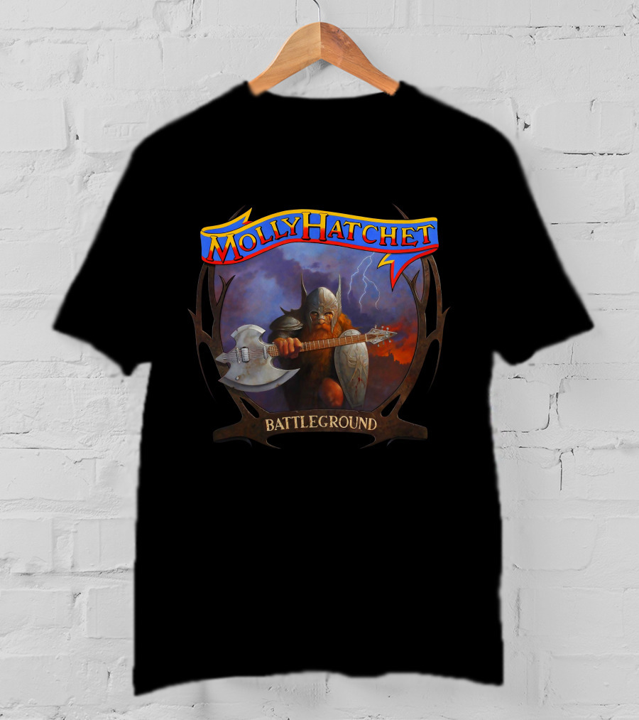 Molly Hatchet Battleground Viking Warrior With Axe Guitar And Shield T-Shirt