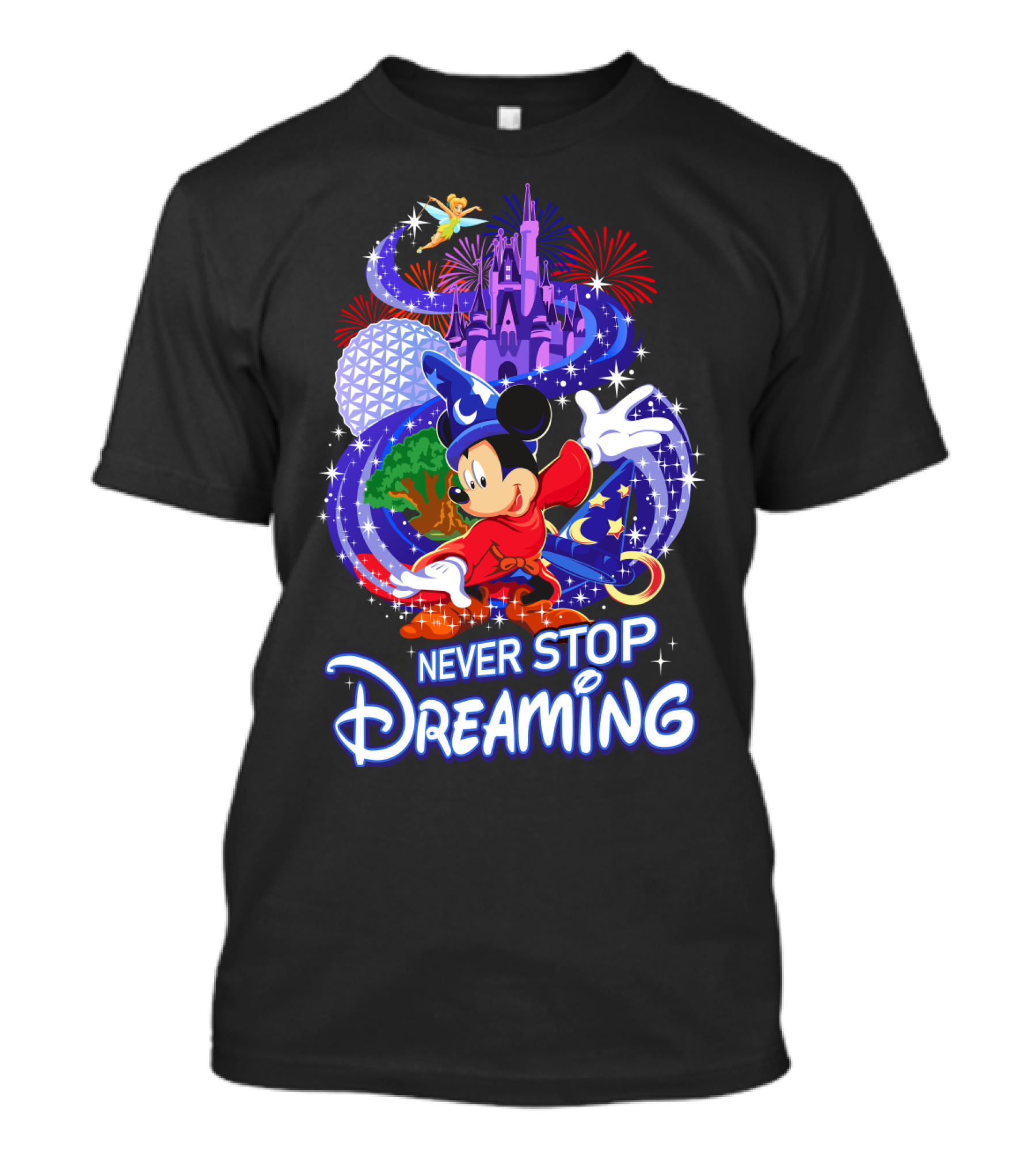 Never Stop Dreaming Mickey Sorcerer Castle Fireworks T-Shirt