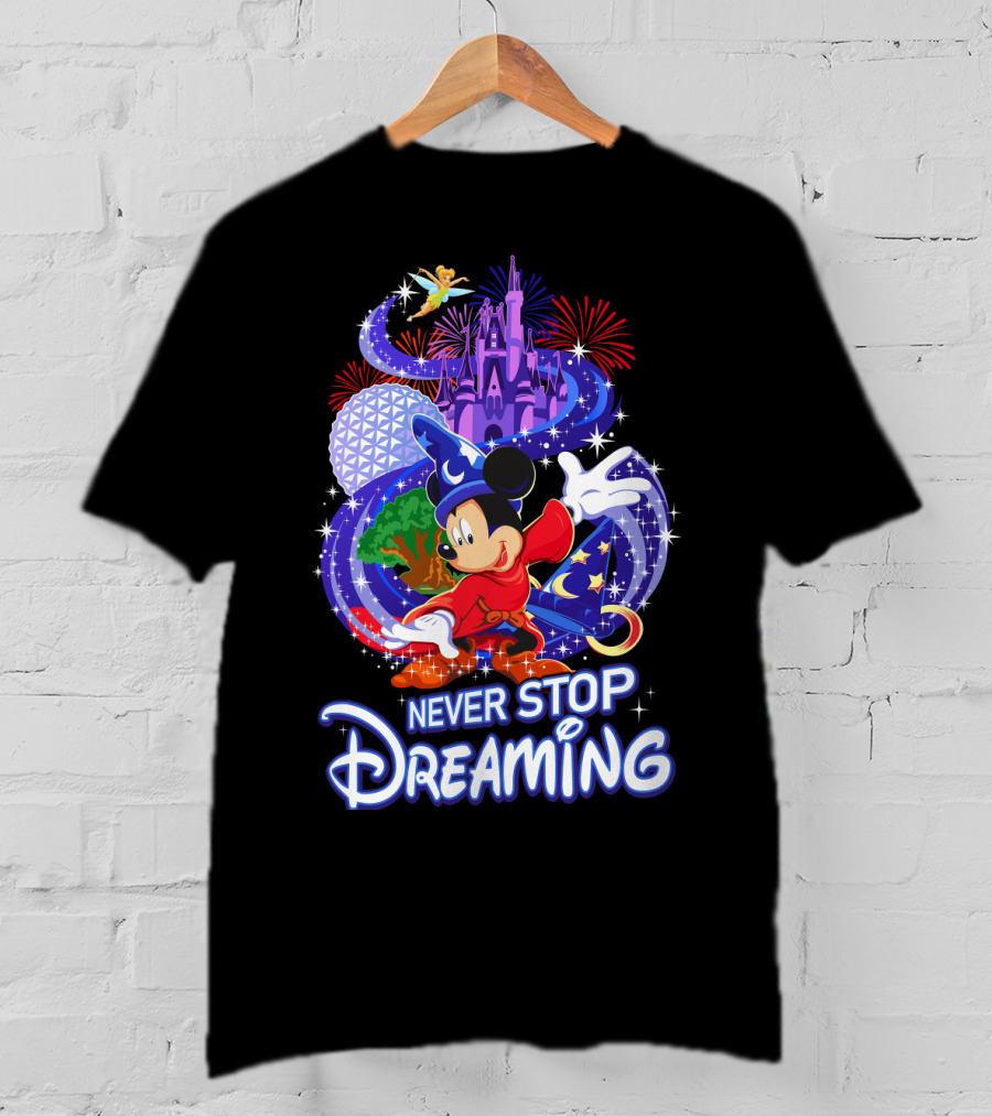 Never Stop Dreaming Mickey Sorcerer Castle Fireworks T-Shirt
