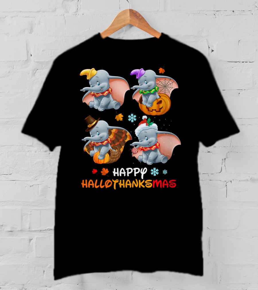 Happy Hallothanksmas With Dumbo In Halloween Thanksgiving Christmas Themes T-Shirt