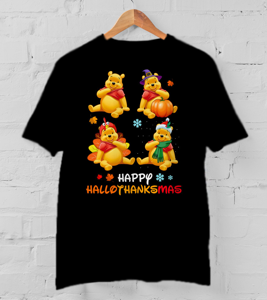 Happy Hallothanksmas Pooh Bear Seasonal Holiday Fun T-Shirt