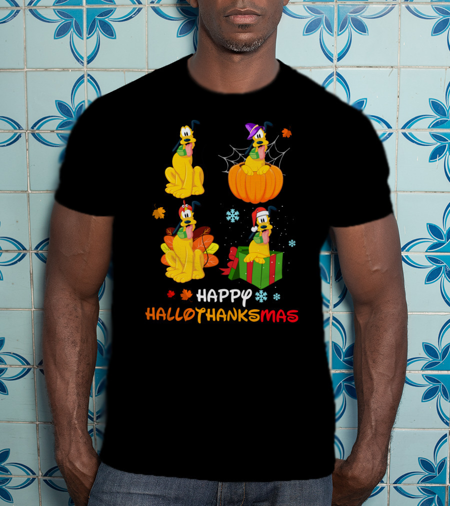 Happy Hallothanksmas Pluto Halloween Thanksgiving Christmas T-Shirt