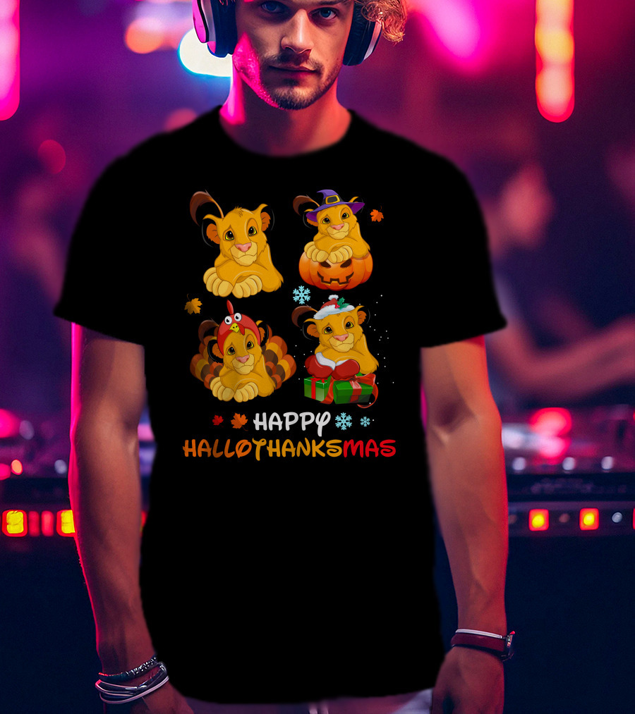 Happy Hallothanksmas Simba Lion Pumpkin Turkey Santa Hat Snowflakes T-Shirt