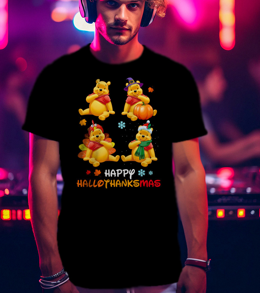 Happy HALLOTHANKSMAS Pooh Bear Autumn Winter Holiday Theme Snowflakes Pumpkins Leaves T-Shirt