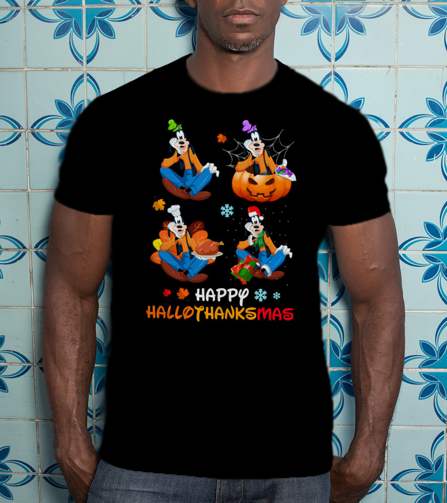 HAPPY HALLOTHANKSMAS Goofy Halloween Thanksgiving Christmas Festive Cartoon Characters T-Shirt