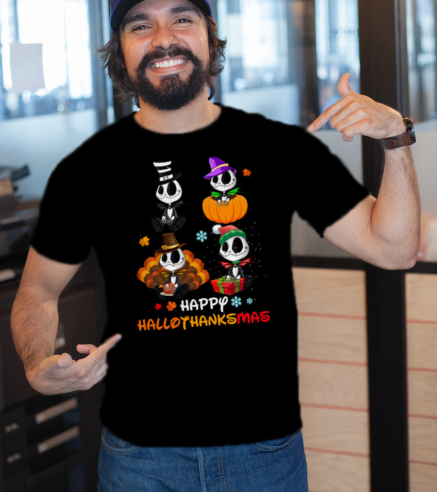 Jack Skellington Happy HALLOTHANKSMAS Pumpkin Witch Hat Turkey Santa Gift Snowflake Leaves T-Shirt