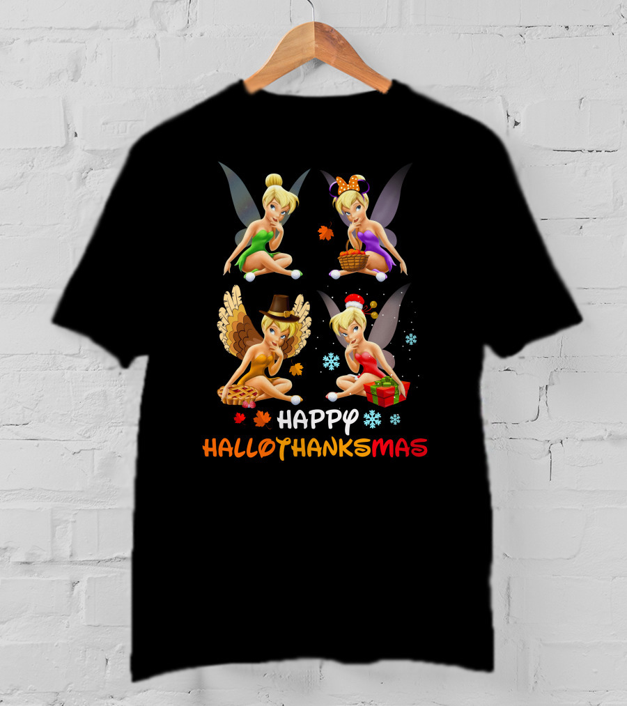HAPPY HALLOTHANKSMAS Tinkerbell Seasonal Celebration With Autumn Leaves Turkey And Christmas Gifts T-Shirt