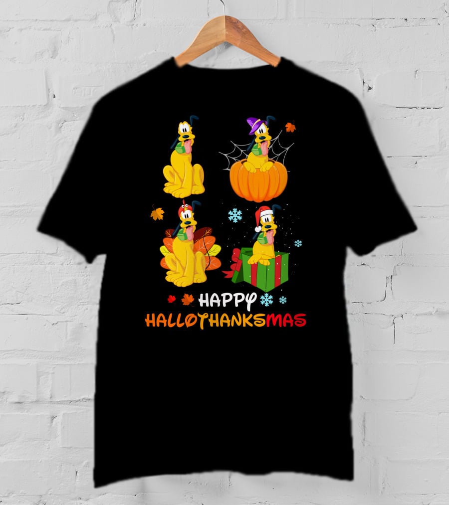 Happy HALLOTHANKSMAS Pluto In Halloween Pumpkin Thanksgiving Leaves Christmas Present Snowflakes T-Shirt