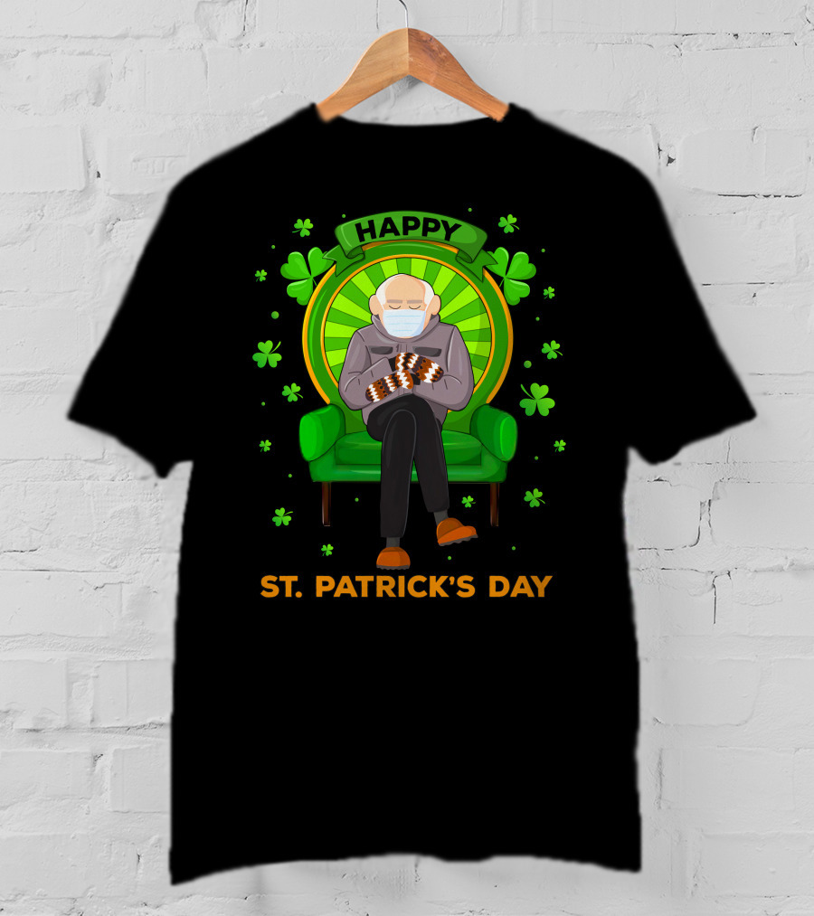 Happy St. Patrick's Day Masked Sitting Man With Mittens Surrounded By Clovers T-Shirt