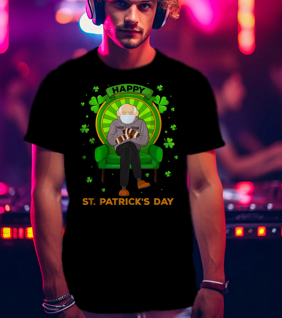Happy St. Patrick's Day Masked Sitting Man With Mittens Surrounded By Clovers T-Shirt
