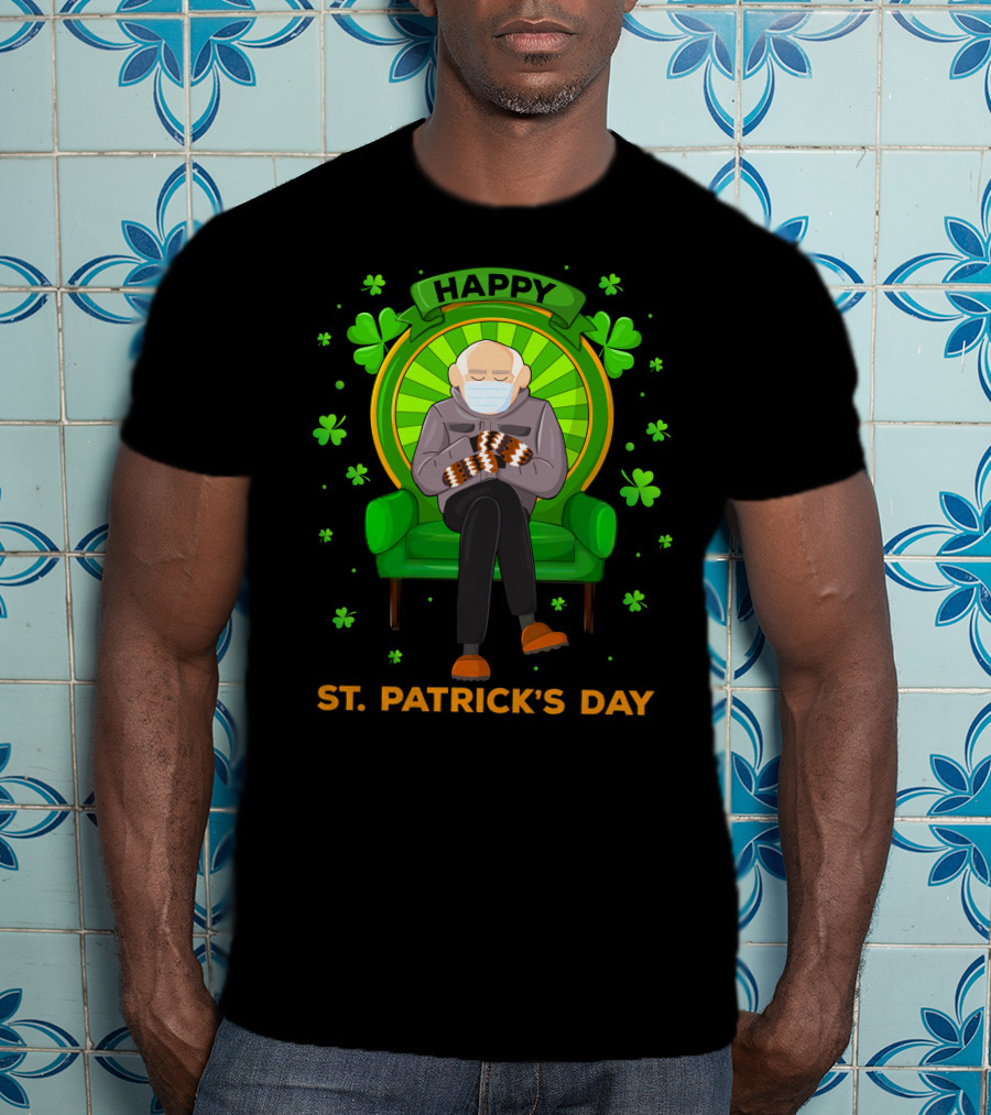 Happy St. Patrick's Day Masked Sitting Man With Mittens Surrounded By Clovers T-Shirt