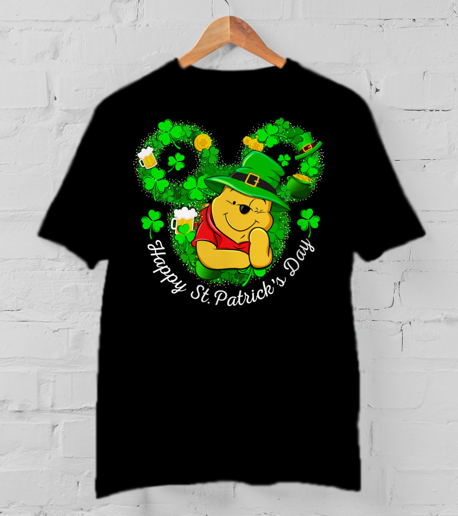Happy St. Patrick's Day Pooh Shamrocks And Green Hat T-Shirt