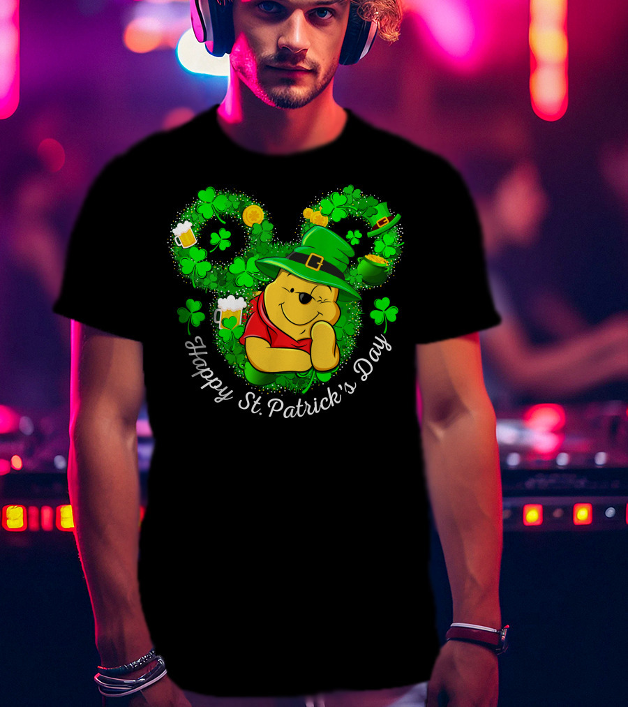 Happy St. Patrick's Day Pooh Shamrocks And Green Hat T-Shirt