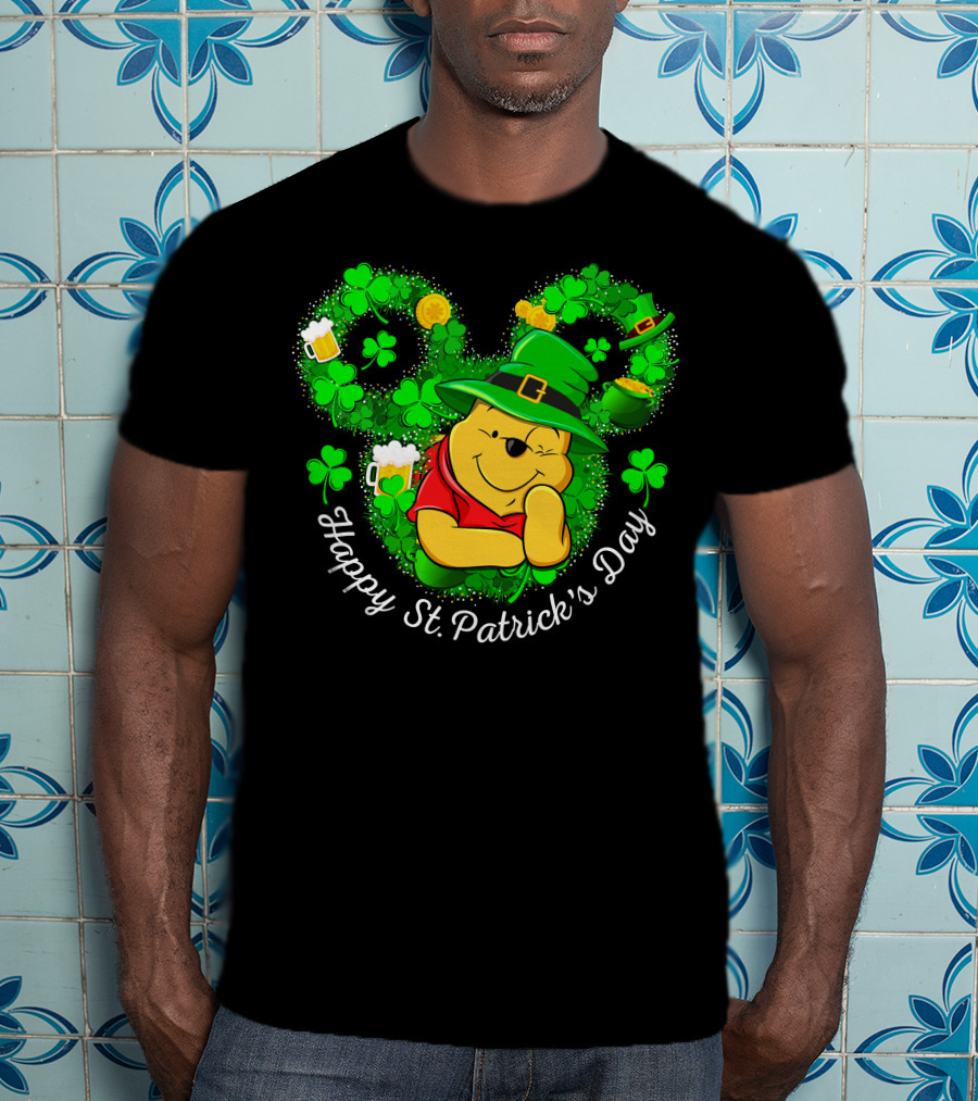 Happy St. Patrick's Day Pooh Shamrocks And Green Hat T-Shirt