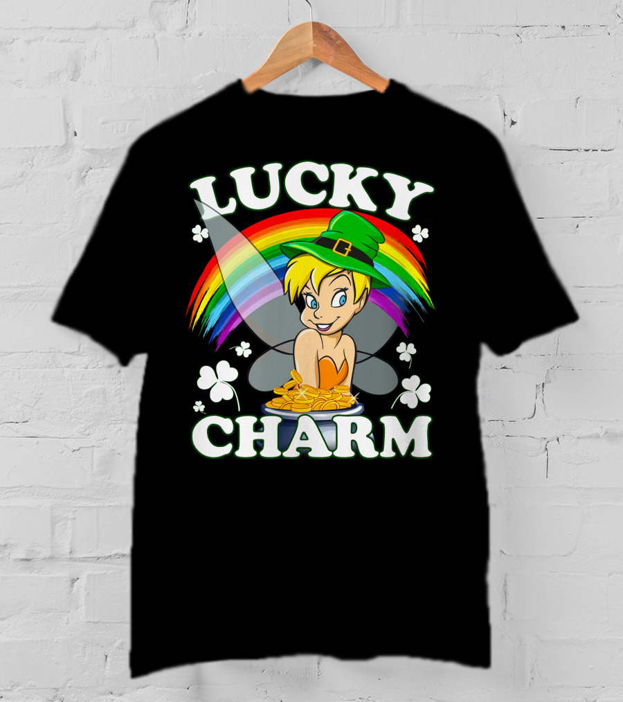 Lucky Charm Tinker Bell Rainbow And Shamrocks T-Shirt