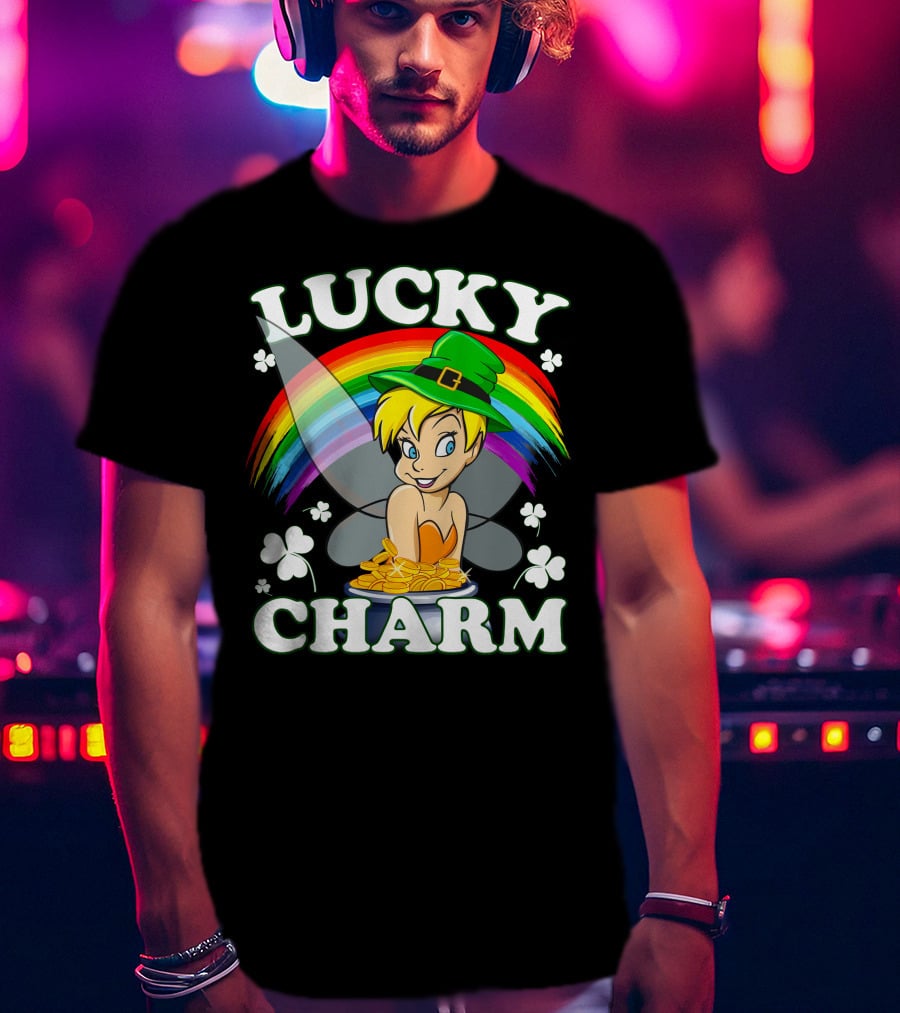 Lucky Charm Tinker Bell Rainbow And Shamrocks T-Shirt