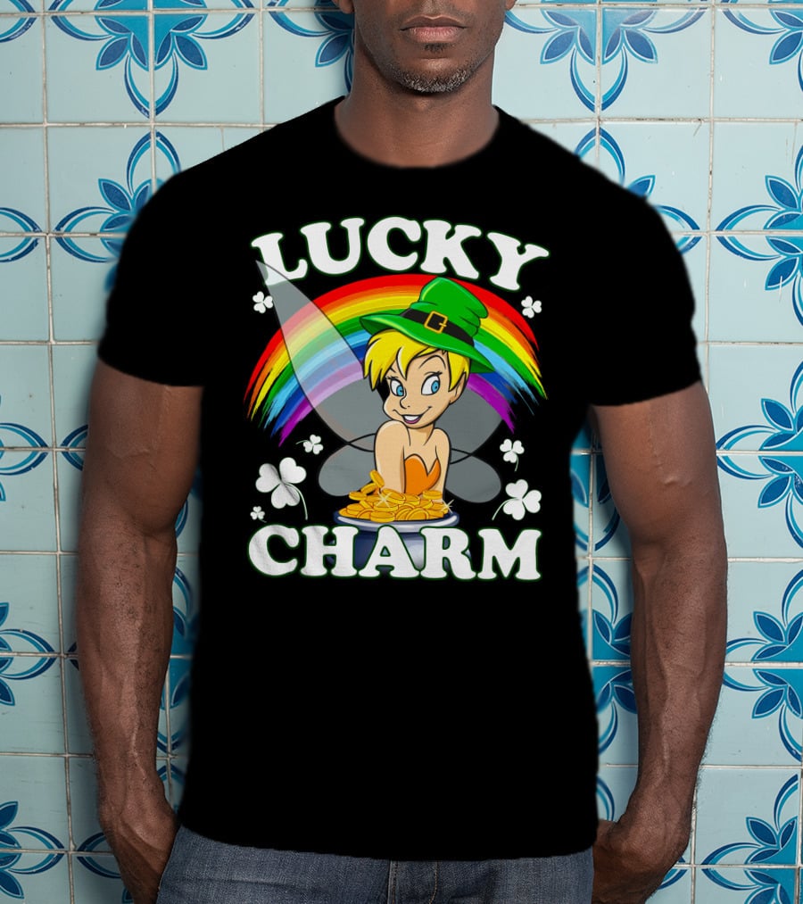 Lucky Charm Tinker Bell Rainbow And Shamrocks T-Shirt