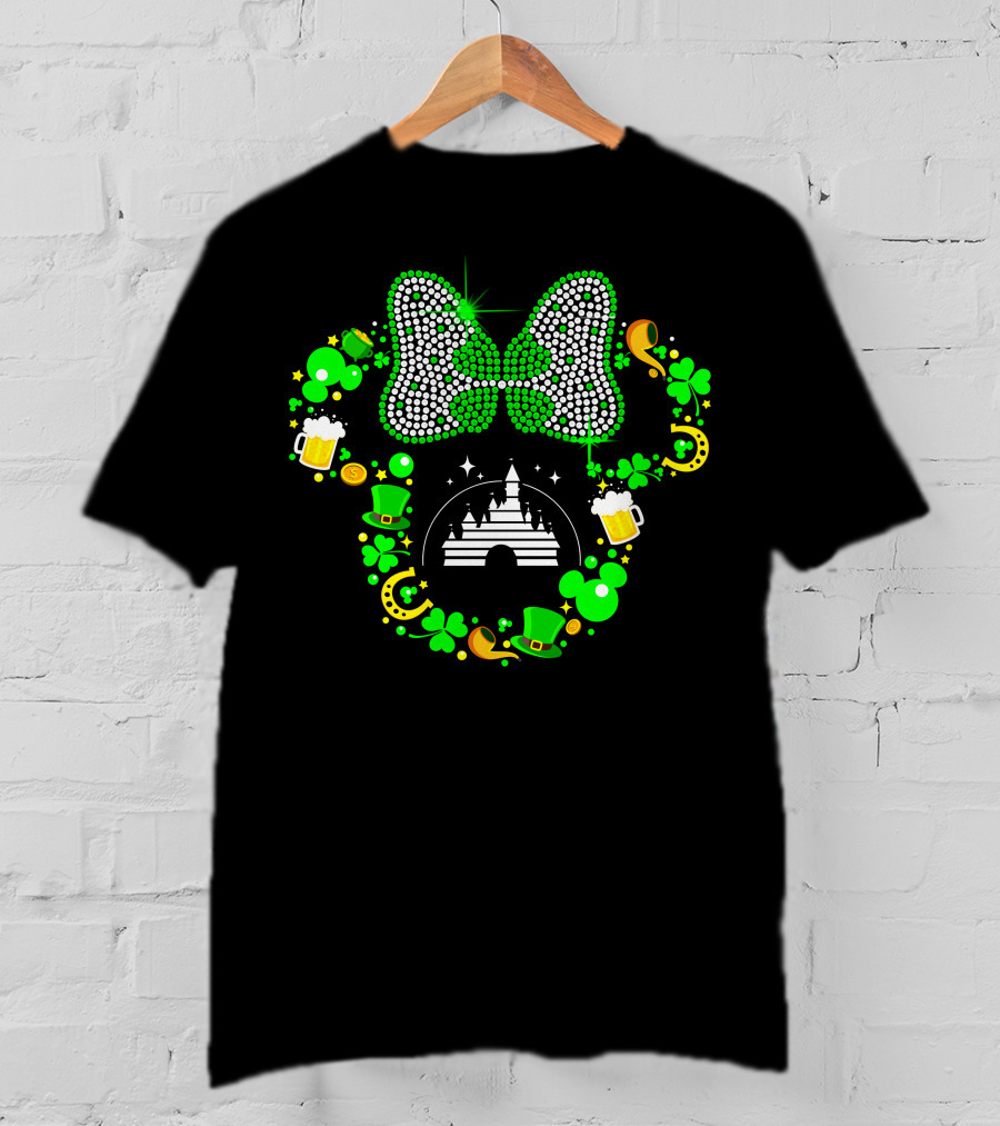 St. Patrick's Day Minnie Mouse Shamrock Castle Lucky Charm Party Bow T-Shirt