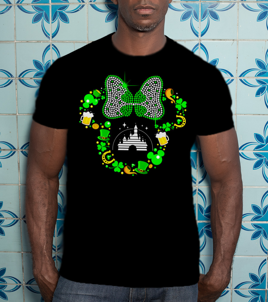 St. Patrick's Day Minnie Mouse Shamrock Castle Lucky Charm Party Bow T-Shirt