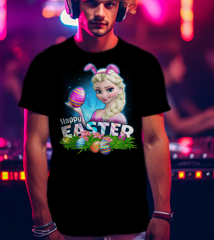 Elsa Happy Easter Bunny Ears And Colorful Eggs T-Shirt