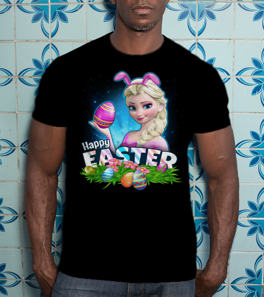 Elsa Happy Easter Bunny Ears And Colorful Eggs T-Shirt