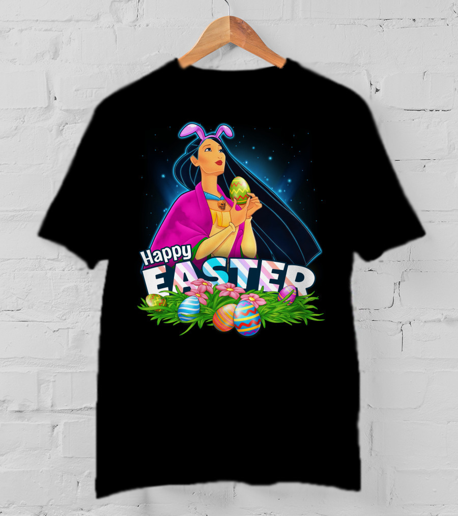 Pocahontas Happy Easter Colorful Eggs And Flowers Scene T-Shirt