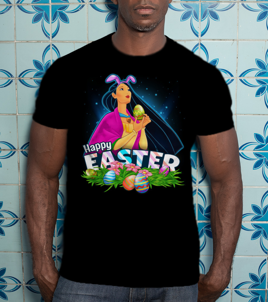 Pocahontas Happy Easter Colorful Eggs And Flowers Scene T-Shirt