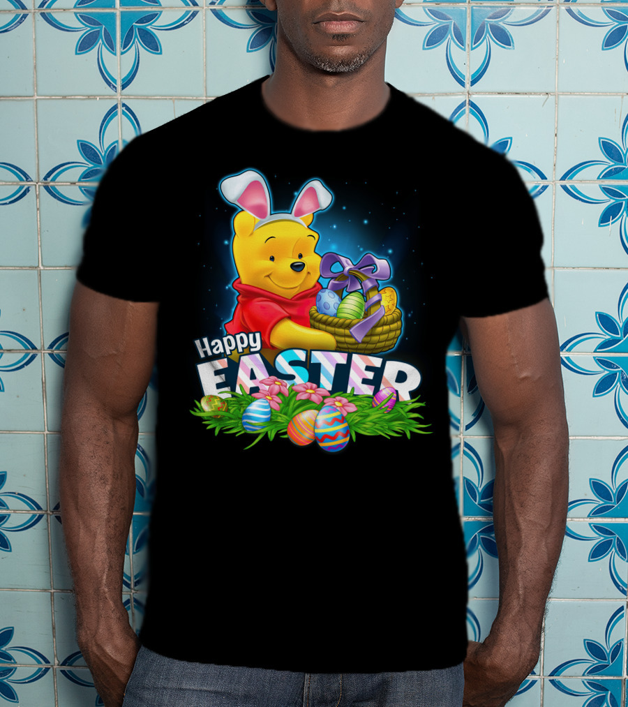 Pooh Happy Easter With Basket Of Eggs And Bunny Ears T-Shirt