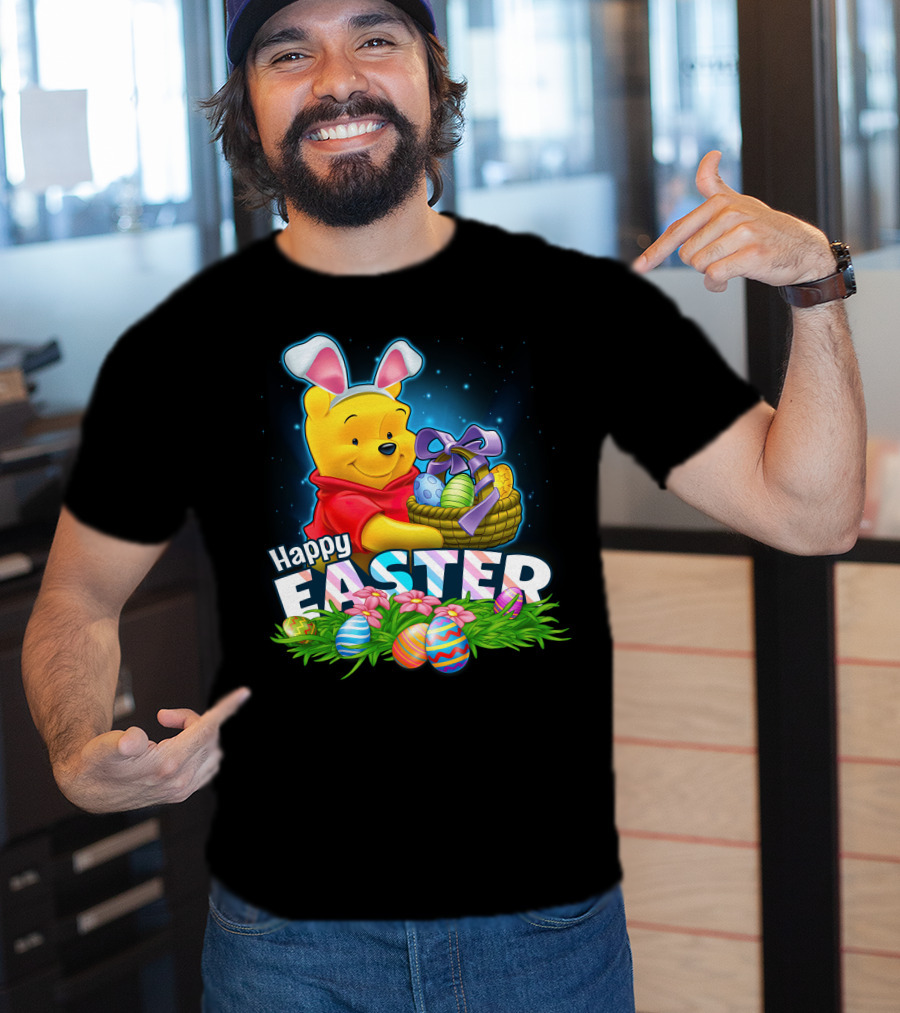 Pooh Happy Easter With Basket Of Eggs And Bunny Ears T-Shirt