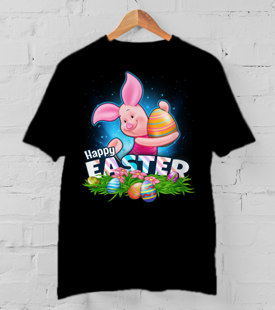 Piglet Happy Easter With Colorful Eggs And Flowers T-Shirt