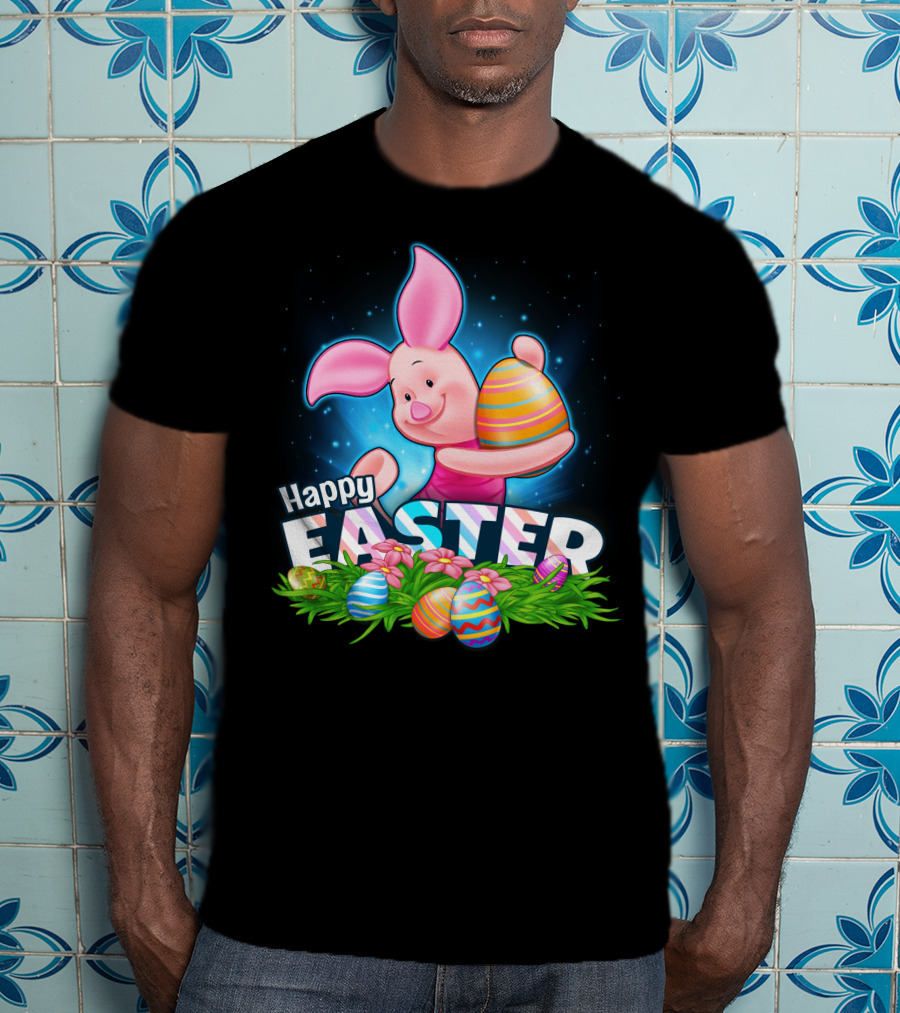 Piglet Happy Easter With Colorful Eggs And Flowers T-Shirt