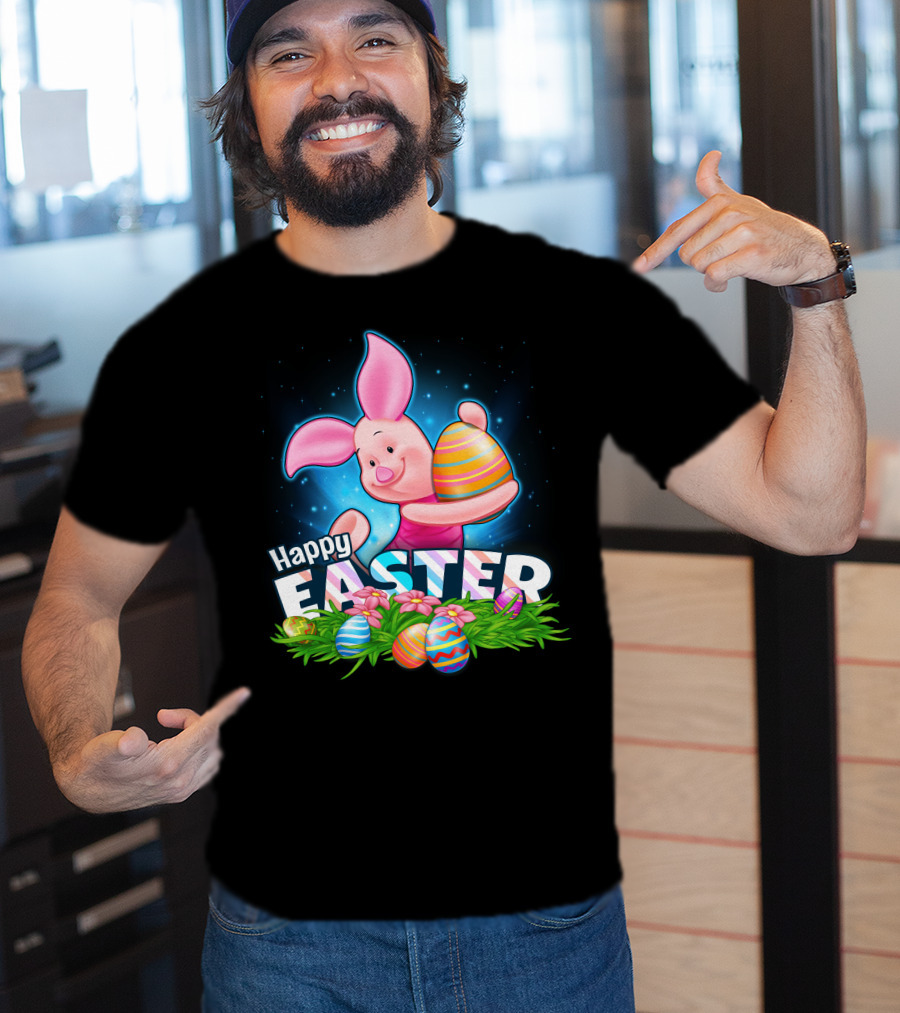 Piglet Happy Easter With Colorful Eggs And Flowers T-Shirt
