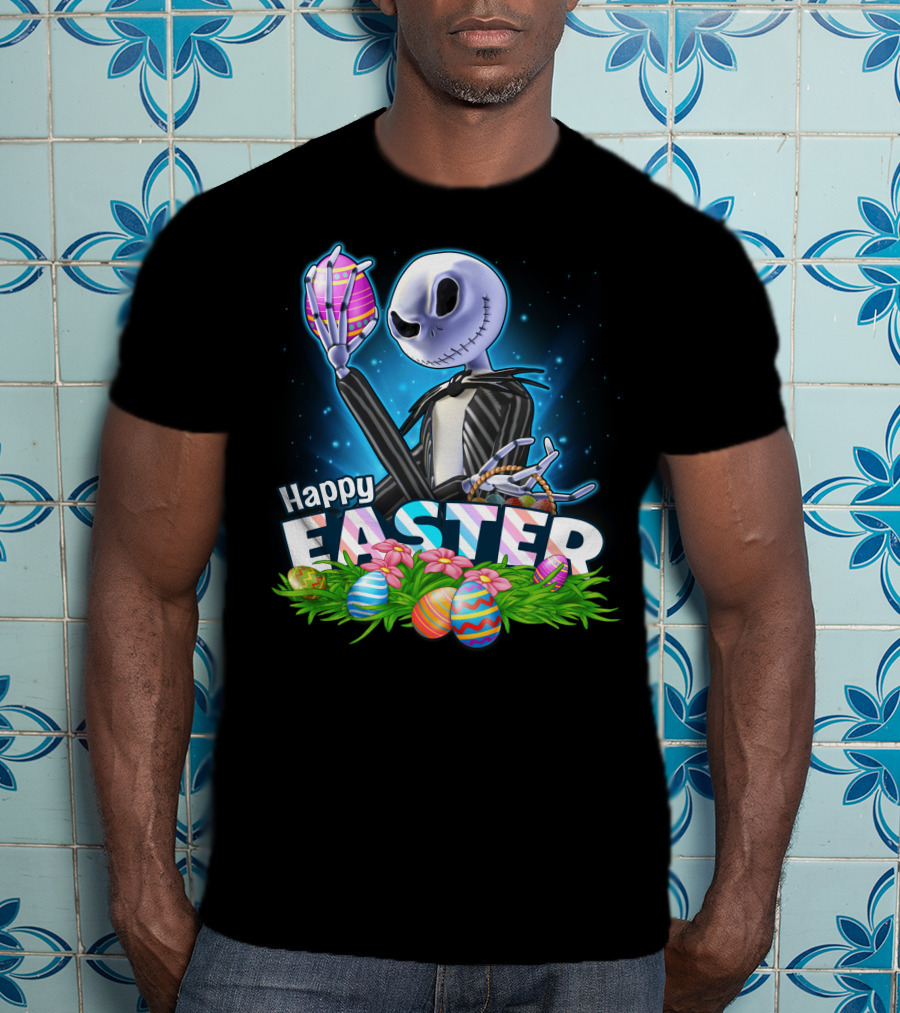 Jack Skellington Easter Celebration With Colorful Eggs And Flowers T-Shirt
