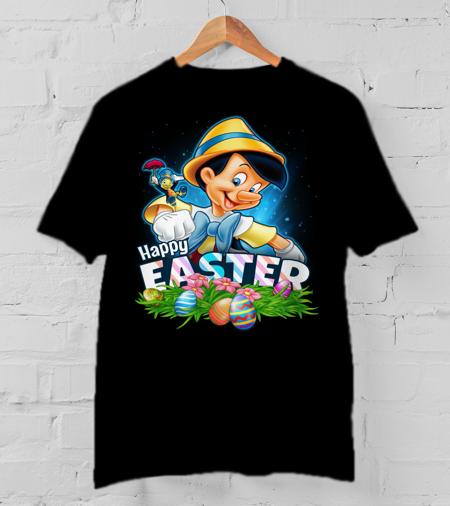 Pinocchio Happy Easter Colorful Eggs And Jiminy Cricket T-Shirt