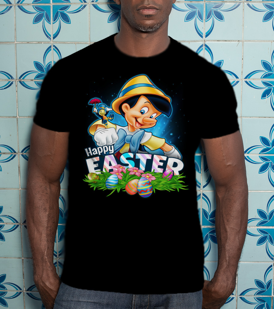 Pinocchio Happy Easter Colorful Eggs And Jiminy Cricket T-Shirt