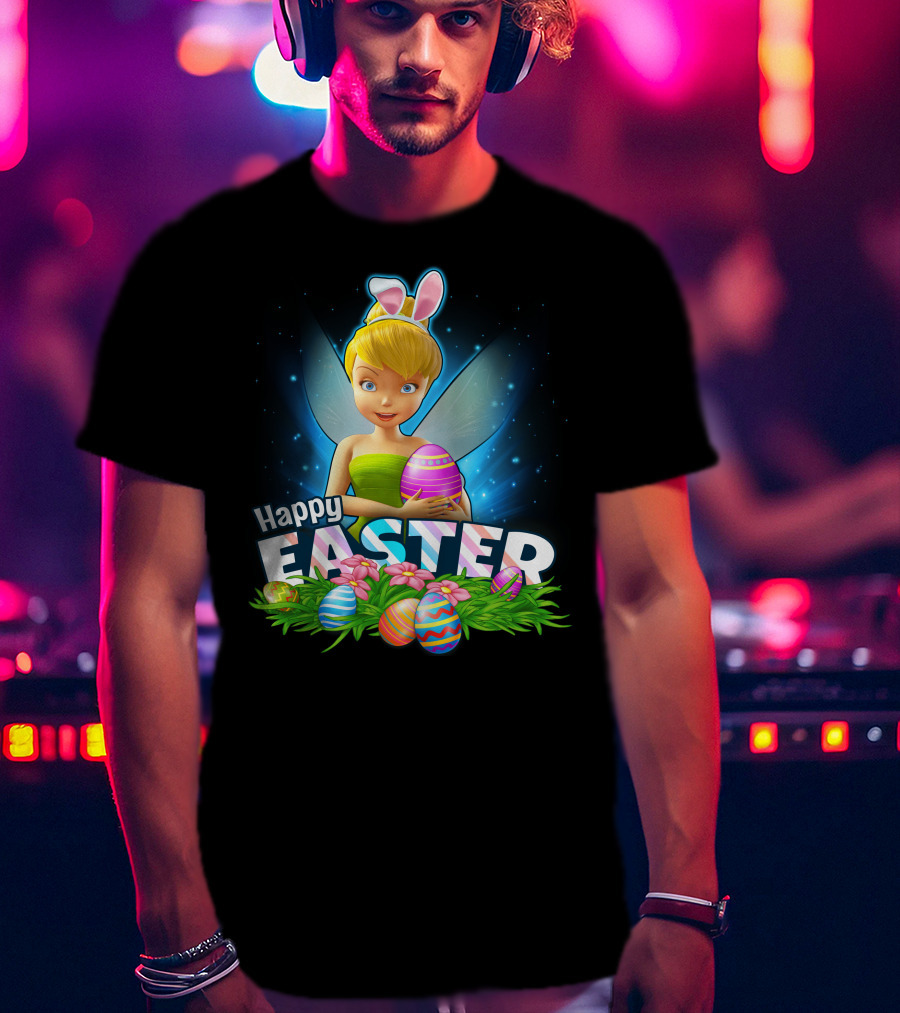 Tinker Bell Happy Easter With Colorful Eggs And Bunny Ears T-Shirt